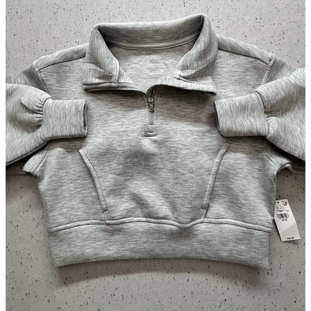 Old Navy Girls XS 5 Bounce Fleece Half Zip Pullover Sweatshirt Gray Crop NWT